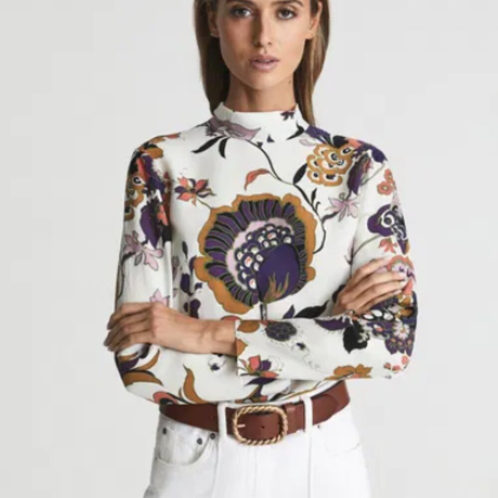 REISS Annie Retro Print Blouse in Cream